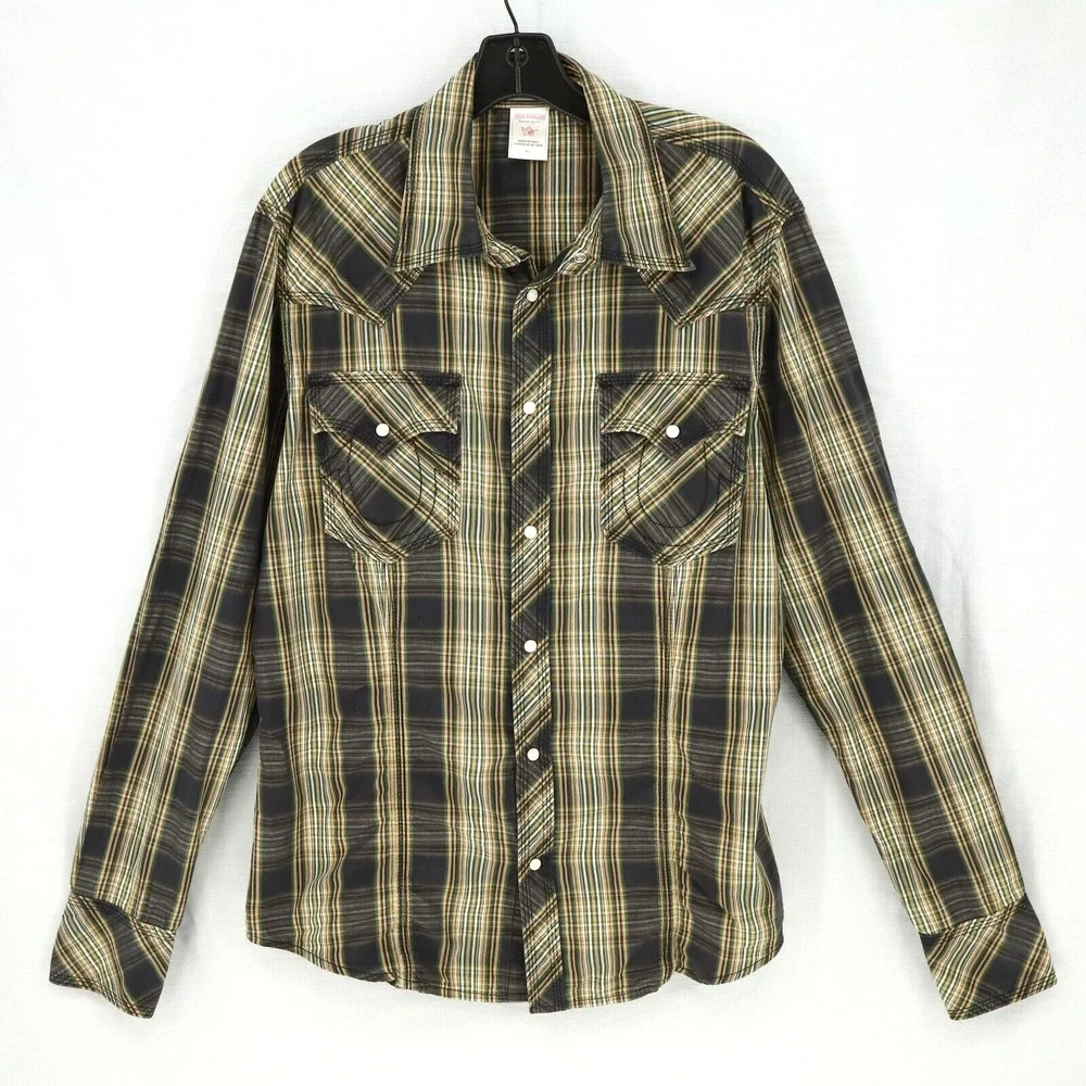 True Religion Shirt Mens XL Western Brown Plaid Pearl Snaps Pockets Tiny Flaw